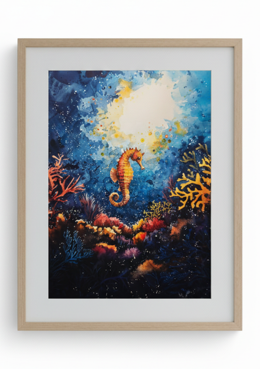 Framed artwork of a seahorse and coral underwater scene